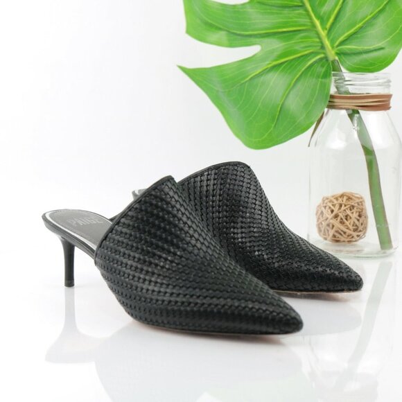 Page Womens Epic Mule Pump Size 6 Black Leather Woven Kitten Heel Pointed SlipOn - Picture 2 of 12
